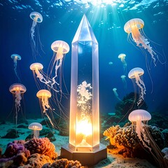 Underwater crystal pillar illuminated by light, surrounded by jellyfish and coral