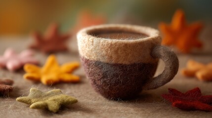 多彩なフェルト葉に囲まれたミニマグカップの温かみ