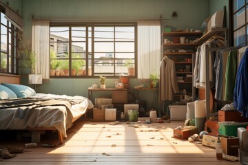 Sunlight illuminating a messy bedroom with unmade bed, clothes, and boxes scattered across the floor