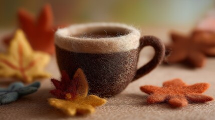 多彩なフェルト葉に囲まれたミニマグカップの温かみ