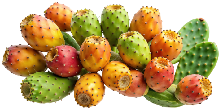 A vibrant collection of ripe prickly pear cactus fruits and pads isolated on transparent background