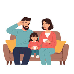 Obraz premium A worried father with his wife and daughter on the sofa.