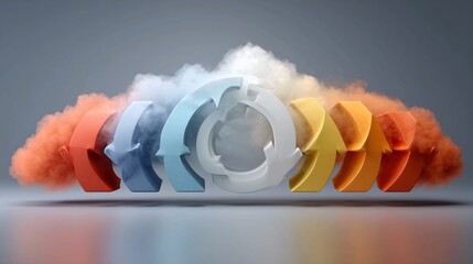 Dynamic circular arrow graphic symbolizing continuous improvement and workflow progression, surrounded by vibrant clouds of colored smoke representing innovation and transformation.