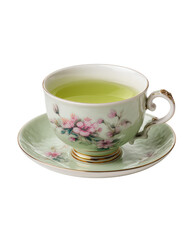 A delicate porcelain teacup and saucer, adorned with pink floral patterns and gold trim, filled with a vibrant green tea, isolated on transparent background