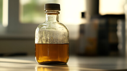 Bottle of amber liquid with condensation against a blurred background of daylight. Close-up shot of vintage style bottle and stopper.