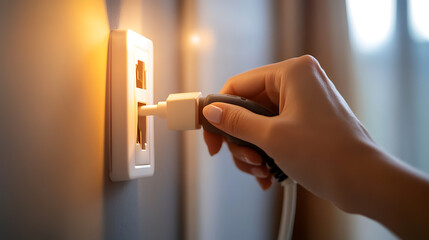 Connecting an electrical plug into a wall outlet. Ensuring a secure connection for device power. Home safety and power usage are important.
