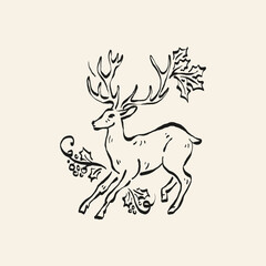 Minimalist Christmas vector illustration in hand-drawn line art style. Festive design for cards, posters, prints, and modern holiday greetings.