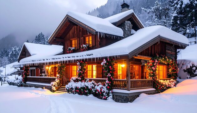 A beautiful snow-covered chalet glows warmly in a winter mountain landscape