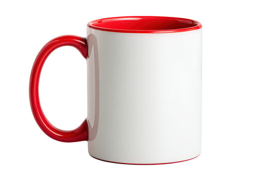 White ceramic mug with a red interior and handle, isolated on transparent background
