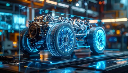 A futuristic car chassis with glowing blue wheels and an engine on a holographic display in a high-tech factory.