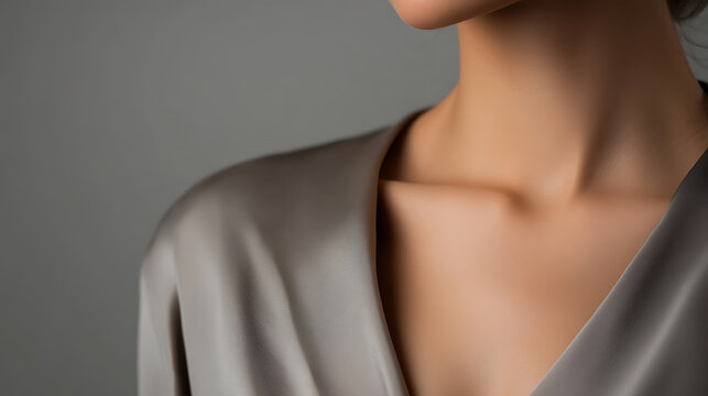 Elegant neckline and soft fabric detail against a neutral backdrop, perfect for fashion or beauty concepts, highlighting smooth skin and gentle textures.