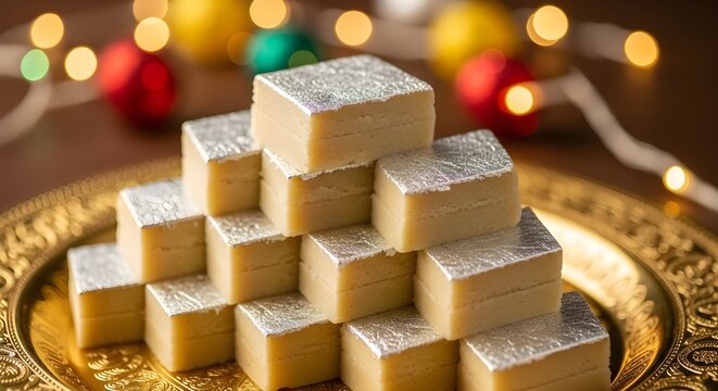 Luxurious Kaju Katli Stacked,
Traditional Indian Festive Sweet,
Silver-Topped Diamond Delicacy.

