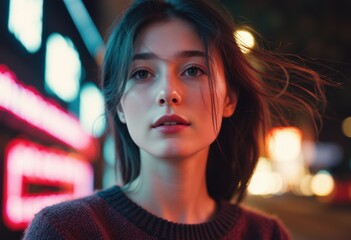 Fototapeta premium Night city portrait of a young woman with neon lights glow