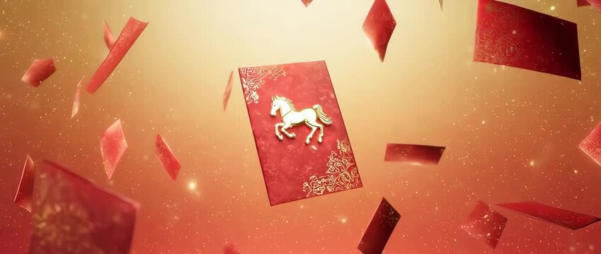 A festive, seamless loop of falling Chinese red envelopes (hongbao) with a subtle golden horse icon. A perfect, bright background for new year greetings and promotions.