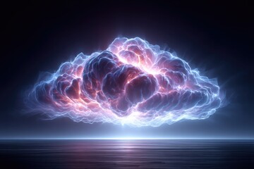 Abstract Digital Cloud With Glowing Neural Network Connections And Blue Pink Light Effects Floating Over A Reflective Dark Surface