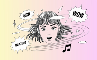 A stylized drawing of a surprised woman surrounded by wow and amazing speech bubbles, musical notes, and dynamic lines, isolated on white background, creating a vibrant and expressive composition