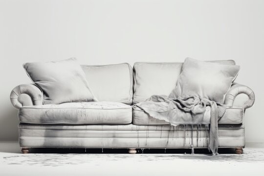 White sofa covered with dust and soot after a fire with blanket and pillows in a white room