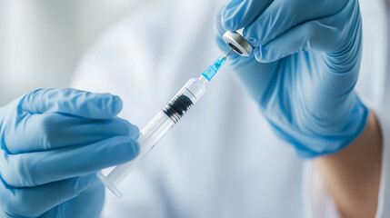Preparing Injection: Gloved hands draw liquid from a vial into a syringe. Medical procedure, healthcare.