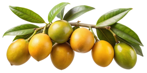 A cluster of ripe olives with green leaves on a branch isolated on transparent background