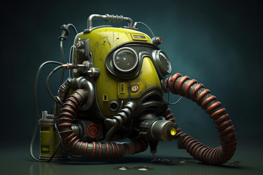 Old rusty yellow diving helmet resting on the seabed, exploring underwater depths