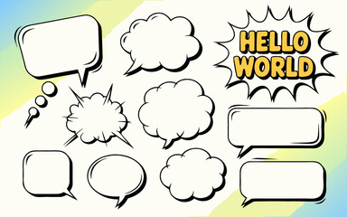 A vibrant collection of speech bubbles and comic book elements, featuring diverse shapes and styles, including cloudlike formations and starbursts, set against a soft, gradient background