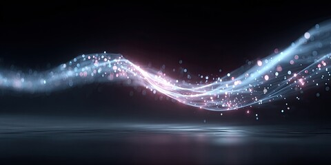 Abstract Digital Flowing Wave of Blue and Pink Light Particles With Geometric Shapes on Dark Reflective Surface