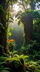 Sunbeams Illuminate a Vibrant, Lush Tropical Rainforest with Ancient Trees and Rich Green Foliage