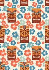 A vintage seamless pattern featuring traditional Polynesian tiki masks interspersed with colorful hibiscus flowers.