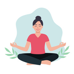 Woman character meditating. Guy meditating in yoga lotus pose, calm, tranquility and meditation flat vector illustration. Relaxed woman meditating