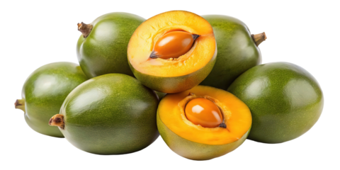 A close up of ripe green lucuma fruits one cut in half revealing bright orange flesh and a large seed isolated on transparent background