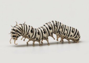 Detailed, ornate caterpillar sculpture.  Black and white stripes, segmented body.  Ornamental protrusions.  Studio shot, white background