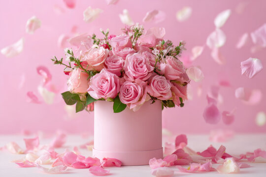 a bouquet of soft pink flowers in a box on a light background
