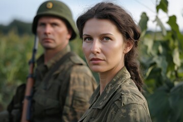 Fototapeta premium Soldier and companion in uniform observing the landscape during an outdoor mission