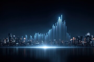 Abstract Digital Stock Market Chart With Glowing Blue Trading Bar Graphs And Candlesticks Over City Skyline At Night