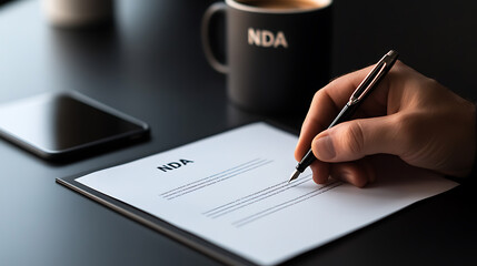 Signing an agreement: Hand with pen on paper, alongside a coffee mug and phone. Business deal, legal document, contract signing, confidentiality.
