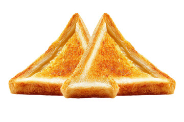 Three golden brown toasted bread slices arranged in a triangular formation, isolated on transparent background