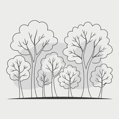 A serene illustration of a group of trees with bare branches, depicted in a minimalist black and white style, isolated on white background, evoking a sense of tranquility and simplicity