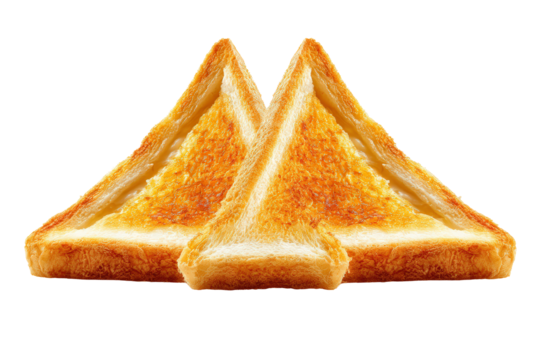 Three golden brown toasted bread slices arranged in a triangular formation, isolated on transparent background