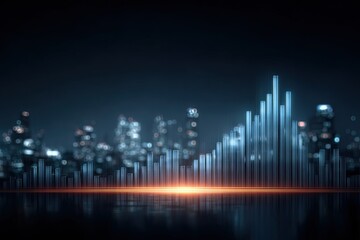 Abstract Financial Data Visualization with Glowing Bar Graph Over City Skyline at Night Blue and Orange Tones