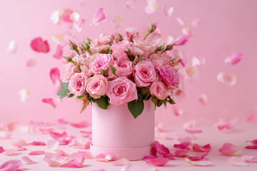 Obraz premium a bouquet of soft pink flowers in a box on a light background