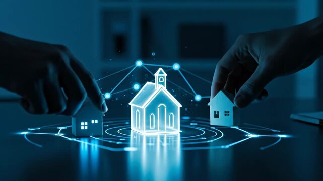 A hand moving miniature house models around a glowing digital church, illustrating spiritual community network and modern technology footage