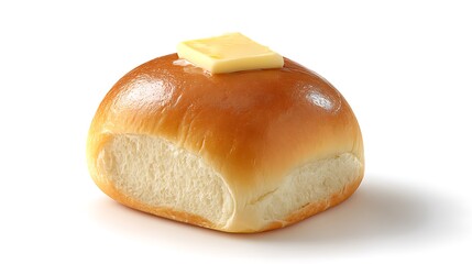 Golden Dinner Roll Topped with Melting Butter on White Background Perfect for Meal Promotion