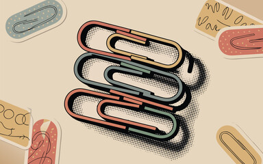 A vintagestyle illustration of stacked paper clips, rendered in muted colors and a textured effect, creating a nostalgic and artistic image, isolated on white background