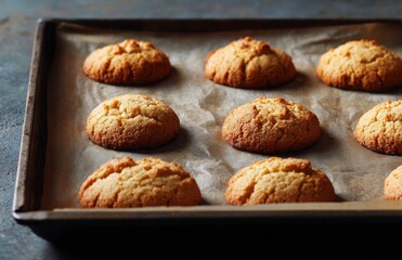 Freshly baked cookies cooling on a baking sheet