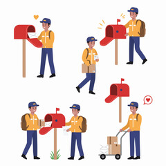 Happy mailman characters delivering mail and parcels, depicting postal worker duties and mailbox interactions.
