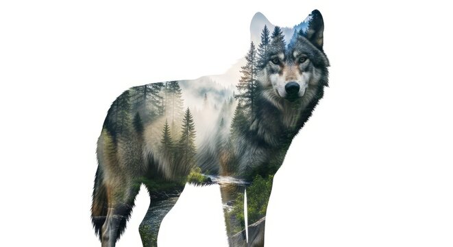 Double exposure of gray wolf and misty forest with river. Wildlife conservation concept for ecology and natural environment. Spiritual animal.