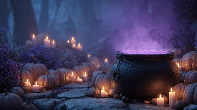 Halloween Witch Cauldron with Boiling Purple Potion and Pumpkins