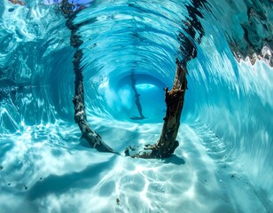 Underwater scene of a shallow, clear turquoise lagoon. Sunbeams illuminate submerged driftwood
