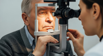 elderly man undergoing detailed eye examination with modern ophthalmology equipment in a clinical setting assisted by professional