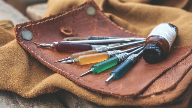 Medium frame highlighting a DIY repair tools set including small screwdrivers and glue crisply in focus with a blurred leather item in the background.
